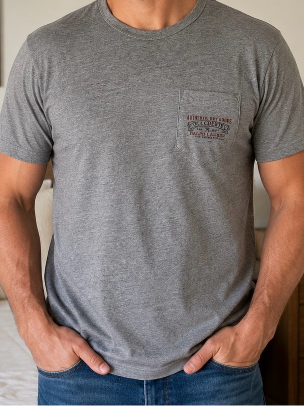 Ralph Lauren Polo Country Men's Heather Gray Pocket Crew Tee with Subtle Logo